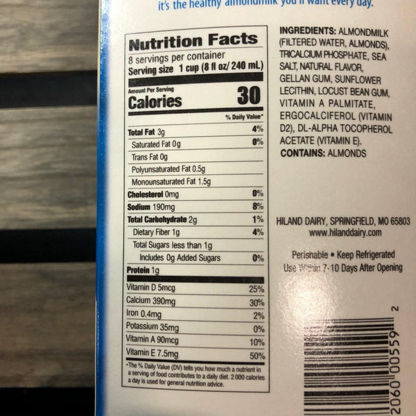 Nturition Facts, Hiland Unsweetened Vanilla Almond Milk - Austin.HardiesDirect.com